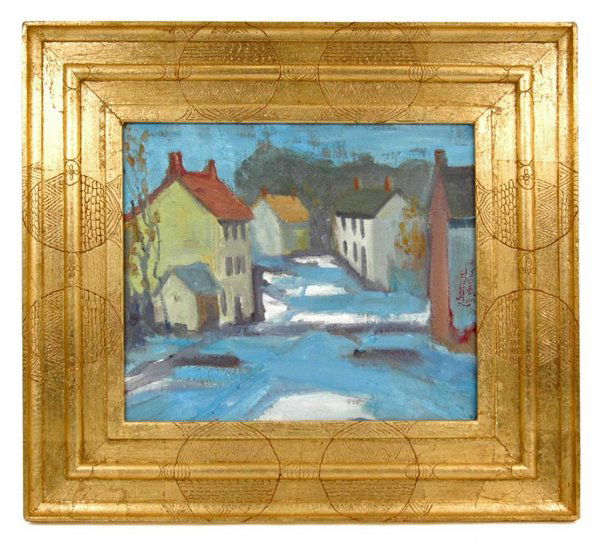 Joseph Barrett oil on canvas "New Houses, Buckingh: Joseph Barrett oil on canvas "New Houses, Buckingham Tws.", signed right center, image size 12" x 14", in artist's frame, frame size 19" x 21 1/2", artist's name, title and coding on reverse