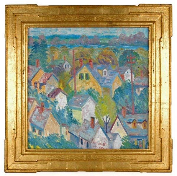Joseph Barrett oil on canvas "Roof Top View, New H: Joseph Barrett oil on canvas "Roof Top View, New Hope", signed bottom center, image size 20" x 20", in artist's frame, frame size 27 1/4" x 26 1/2", artist's signature, title and coding on reverse