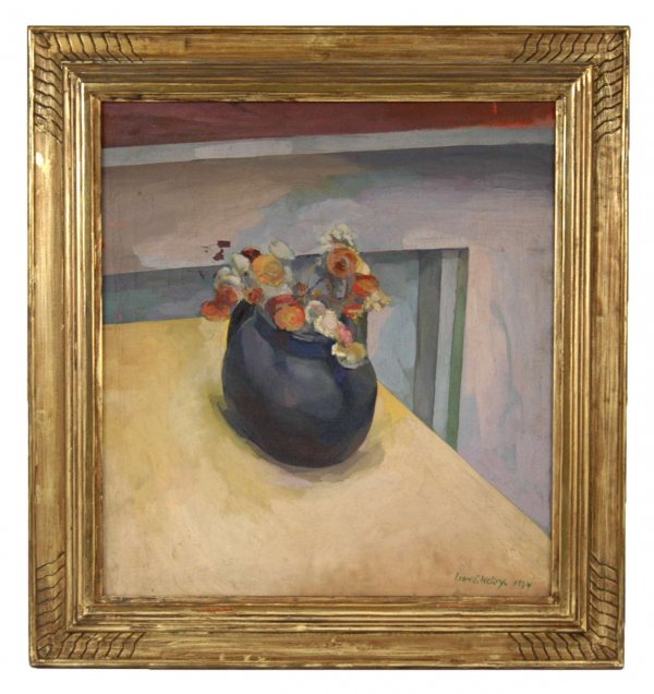 Leon S. Kelley (Kelly) oil on canvas, still life f: Leon S. Kelley (Kelly) oil on canvas, still life flowers in vase with abstract background, signed and dated 1924 lower right, 20th C. American, image size 22 1/4" x 20", frame size 28 3/4" x 26 1/2", 