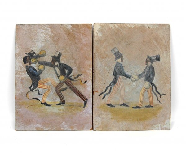American School black folk art, two watercolors 1): American School black folk art, two watercolors 1). Boxing Match, 2). Handshake, unsigned, 19th C., each measures 8" x 5 3/4"