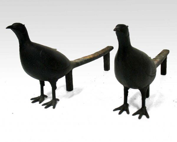 Pair of pheasant andirons, cast iron, 19th C., 13: Pair of pheasant andirons, cast iron, 19th C., 13 1/2" high x 5 1/2" across x 27 1/2