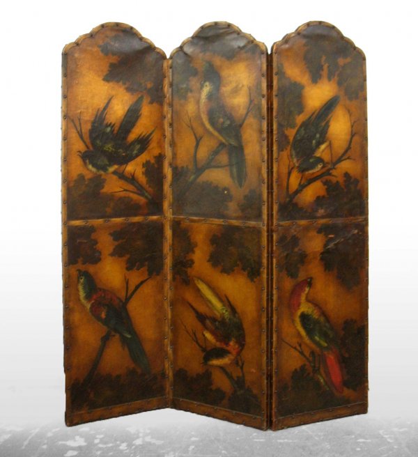 Hand painted leather screen with birds, three pane: Hand painted leather screen with birds, three panel, one sided, late 19th to early 20th C., 69" x 56