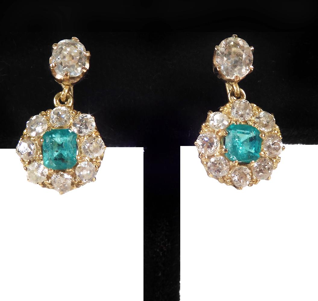 Edwardian Emerald Diamond Cluster Dangle Earrings (1 of 4)