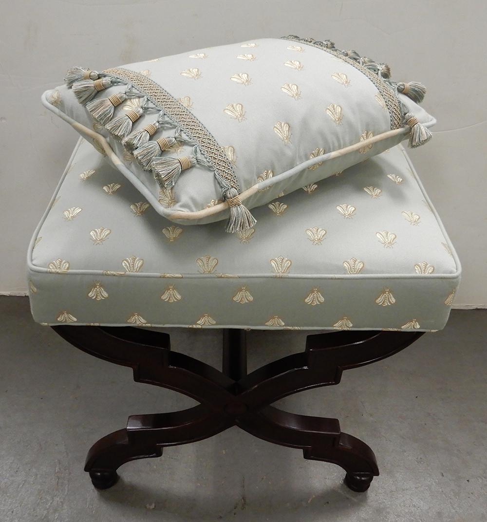 Calico Corners Upholstered Eric Ottoman: Calico Corners upholstered Eric ottoman, cross stretcher base, additional cushion with tassels, 20th c., 20" x 21" x 18"
