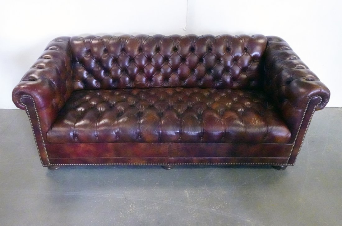 Leather Chesterfield Sofa: Leather Chesterfield sofa, brass tack trim, 28" high x 73" x 33"