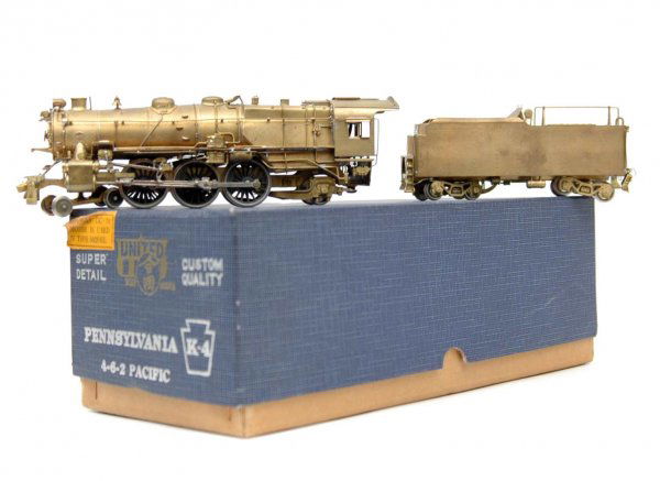 Brass engine and tender, Pennsylvania 4-6-2 Pacific: Brass engine and tender, Pennsylvania 4-6-2 Pacific K-4, HO gauge, with Tokyo Japan paper labels, in box