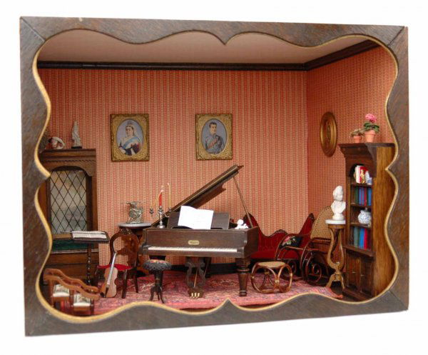 Diorama of music room, some furnishings and dolls c: Diorama of music room, some furnishings and dolls custom made and artist signed