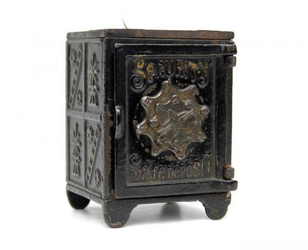 Cast iron Security Safe Deposit combination bank, : Cast iron Security Safe Deposit combination bank, 4" high, early 20th C.