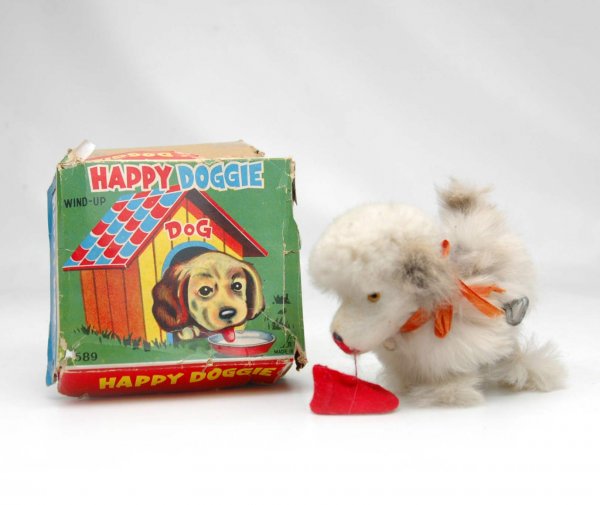 Happy Doggie wind-up fur covered poodle with red s: Happy Doggie wind-up fur covered poodle with red slipper in mouth, works, with box