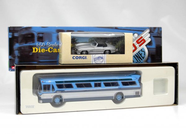 Two Corgi diecast vehicles including GM Fishbowl N: Two Corgi diecast vehicles including GM Fishbowl New York Transit Authority Bus #US54312 and #96416 Mercedes 300 Soft top convertible, both in original boxes