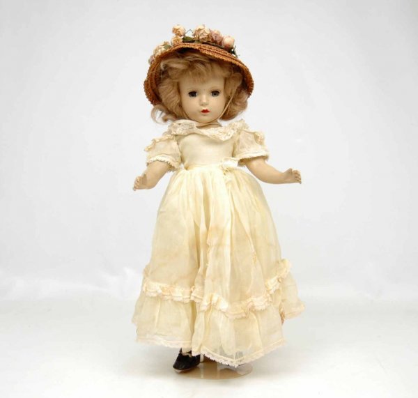 Mme. Alexander Wendy face doll, unmarked, all orig: Mme. Alexander Wendy face doll, unmarked, all original, dress has a few tears and one stain, 14", C. 1940's or 1950's