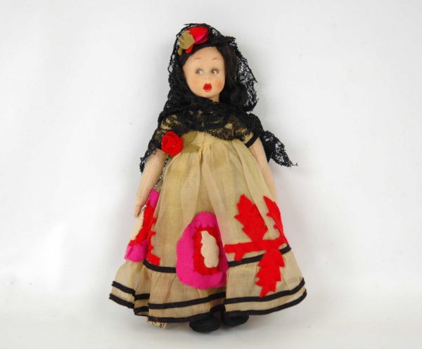 Lenci doll, cloth tag and round foil tag sewn to s: Lenci doll, cloth tag and round foil tag sewn to skirt, 8 1/2", clothing all original, some stains to panatloons