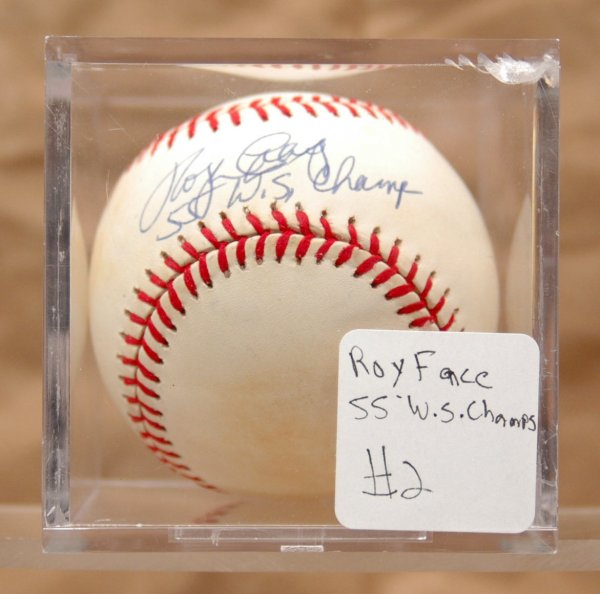 Autographed baseball, Roy Face, '55 W.S. Champs, L: Autographed baseball, Roy Face, '55 W.S. Champs, League President Leonard Coleman