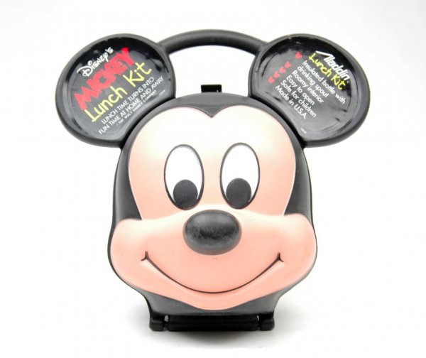 Aladdin Mickey Mouse Lunch Kit with thermos bottle: Aladdin Mickey Mouse Lunch Kit with thermos bottle, original stickers on ears and paper in thermos bottle, C. 1980's