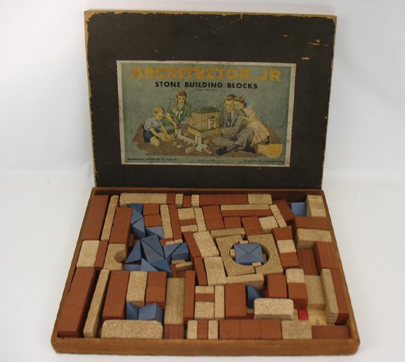 Architector, Jr. Stone Building Blocks C. 1945: Set Stone Building Blocks, Architector, Jr. by Wenczel Tile Co., Trenton, N.J., box copyright date 1945 Jack de Jong & Co., N.Y.C., in wooden box with wooden lid, with paper pattern