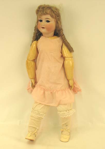 A.M. Bisque head doll, 390, compo body: A. M. bisque head doll, 28", marked on back of head 390n, D.R.G.M., 24 6/1 A.M., blue glass open eyes, open mouth with teeth, compo body with jointed arms and legs