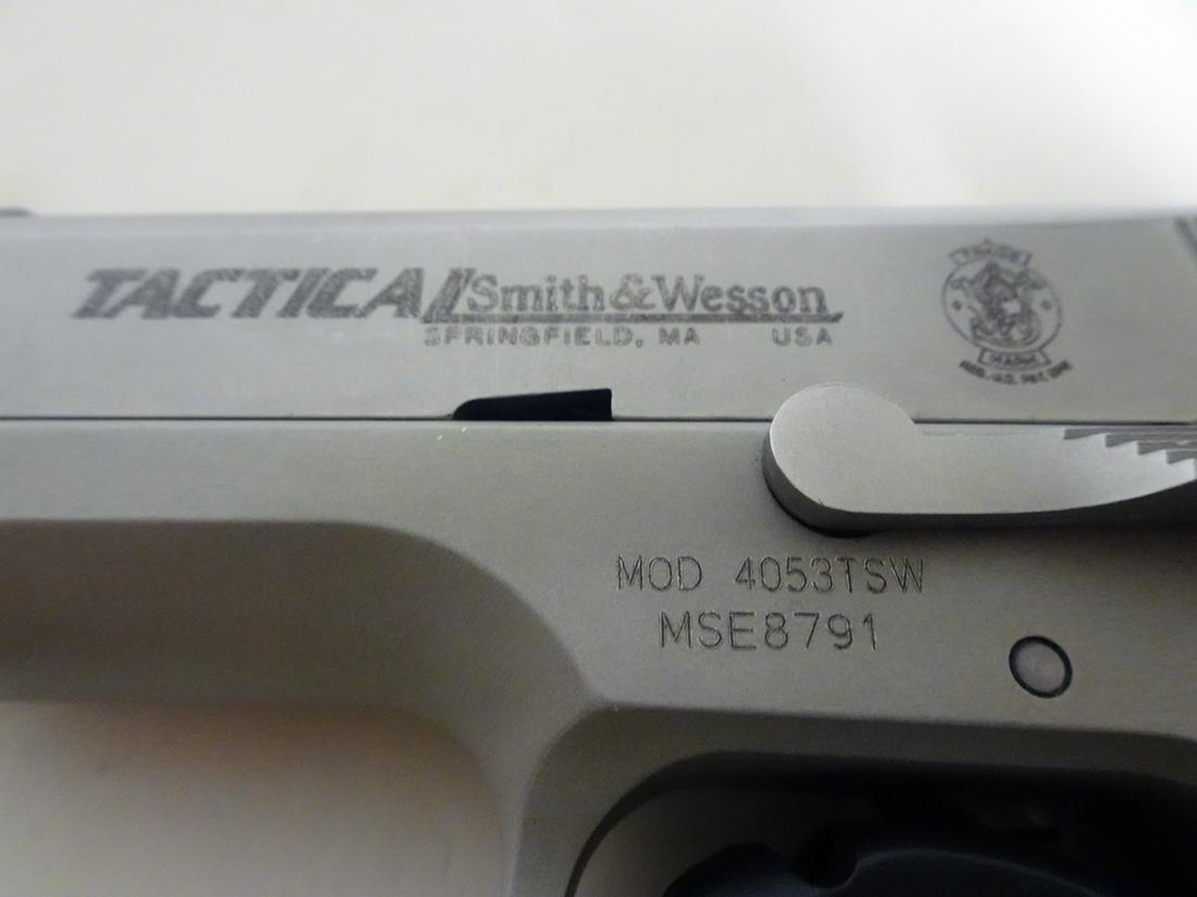 Smith & Wesson Tactical Semi-Automatic Pistol: Smith & Wesson Tactical semi-automatic pistol, single action, closed hammer, .40 caliber, 11 shot, model 4053 TSW Tactical, magazine feed, serial number MSE8791, barrel length 3 1/2", overall length 7