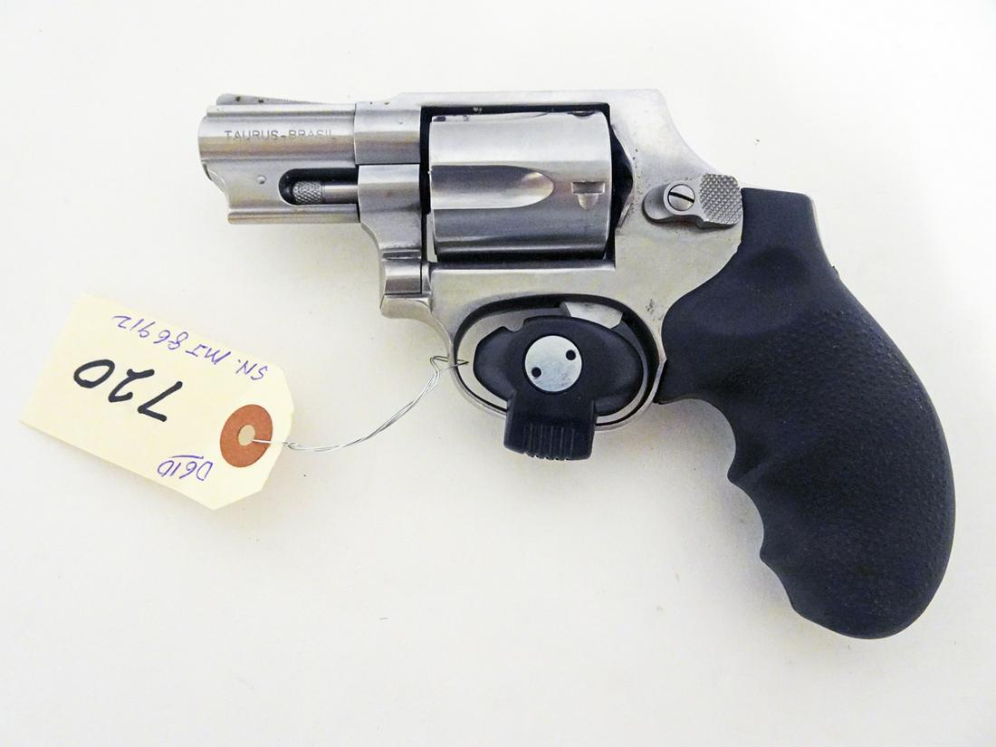Taurus/Brasil Stainless Steel Revolver: Taurus/Brasil stainless steel revolver, double action, .38 caliber, 5 shot, serial number MJ86912, barrel length 2", overall length, 6 1/4", C & R NO, Instacheck YES