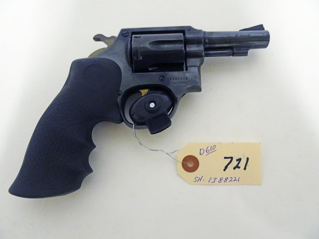 Taurus/Brasil Double Action Revolver: Taurus/Brasil revolver, double action, .38 caliber, 6 shot, serial number 1388221, barrel length 3", overall length, 8 1/4", C & R NO, Instacheck YES