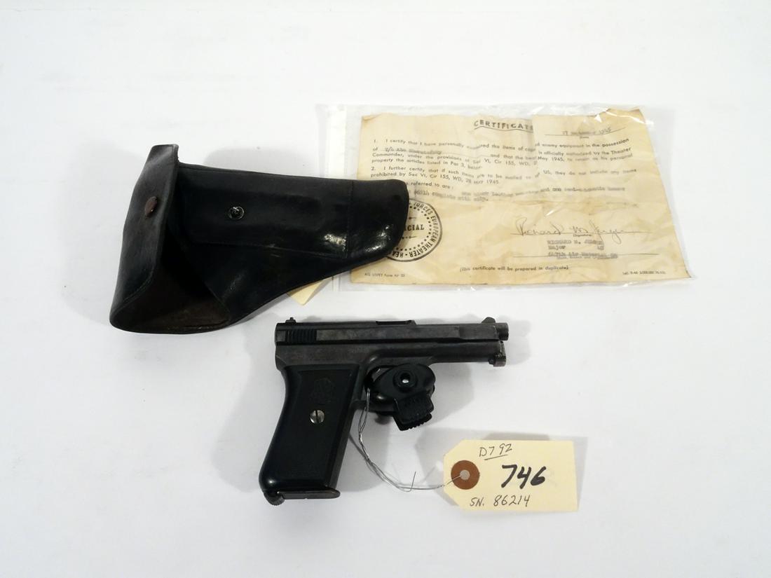 Mauser Model A-8 Semi-Automatic Pistol: Mauser model A-8 pistol with Waffenfabrik Oberndorf A. N. markings, semi-automatic, .32 caliber, 8 shot, one magazine feed, serial number 86214, barrel length 3", overall length 5 1/2", comes with lea
