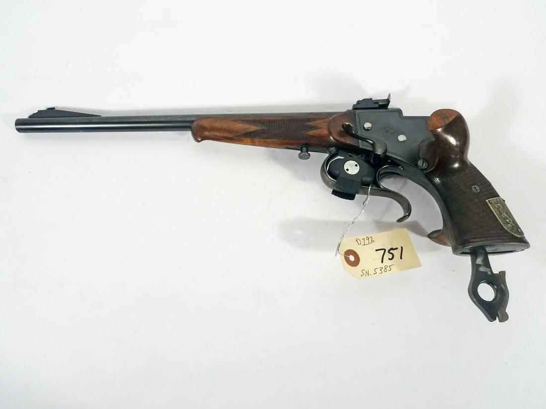 Bohler Spezial Stahl Single Action Pistol: Bohler Spezial Stahl pistol with an adjustable rear sight, single action falling block, .22 caliber, 1 shot, serial number 5385, barrel length 13", overall length 16 1/2", brass plate on hand stock is