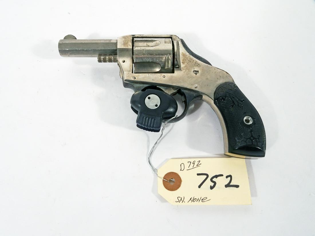 Harrington & Richardson Double Action Revolver: Harrington & Richardson revolver, double action, safety hammer, .38 caliber, 5 shot, patent date April 6. 1887, no serial number, barrel length 2 1/2", overall length 6 1/2", C & R YES, Instacheck YES