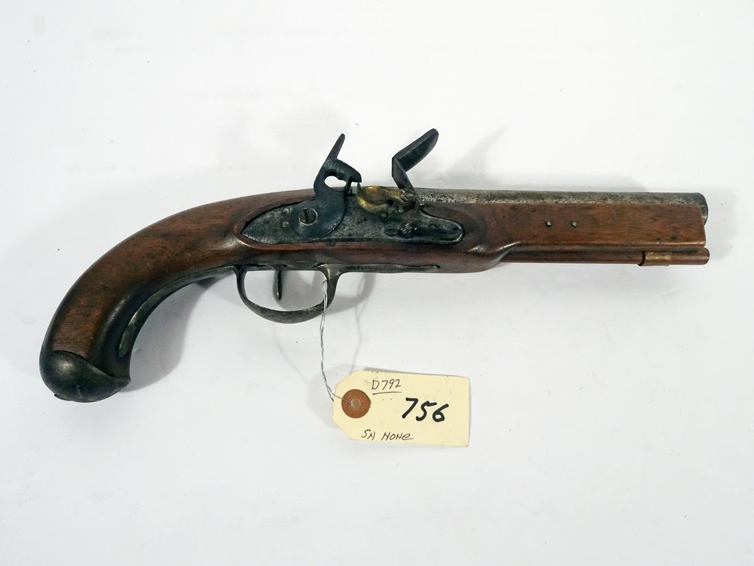 Unknown Manufactured Black Powder Pistol: Unknown manufactured black powder pistol, flint lock, 3/4" caliber, no serial number, barrel length 7", overall length 13 1/2", C & R N/A, Instacheck NO