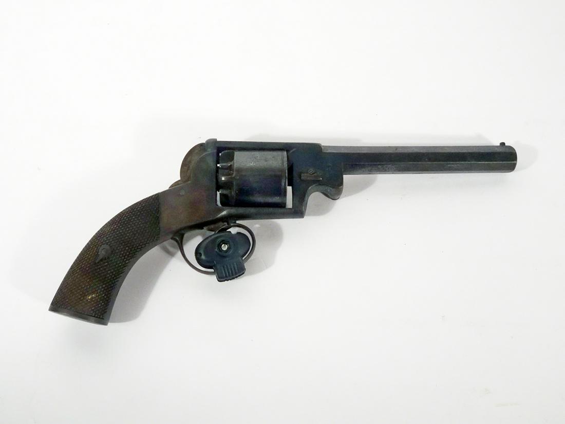 Unknown Manufactured Black Powder Revolver: Unknown manufactured black powder pistol, double action, cap & ball, .45 caliber, 5 shot, patent number 5895, no serial number, barrel length 6 1/4", overall length 12", C & R N/A, Instacheck NO