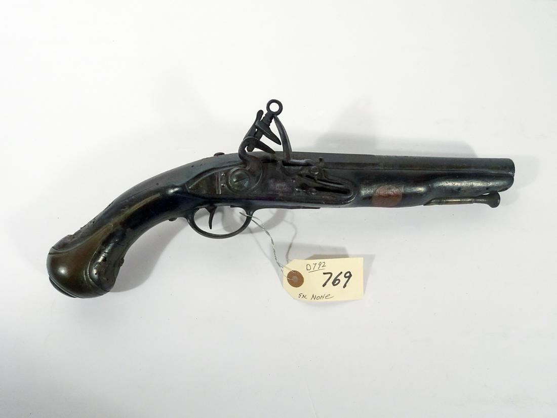 Unknown Manufactured Black Powder Pistol: Unknown manufactured black powder pistol, flint lock, 3/4" or 50 caliber, no serial number, barrel length 7 1/2, overall length 15 1/4", Cirardo ? stamped on side plate, C & R N/A, Instacheck NO