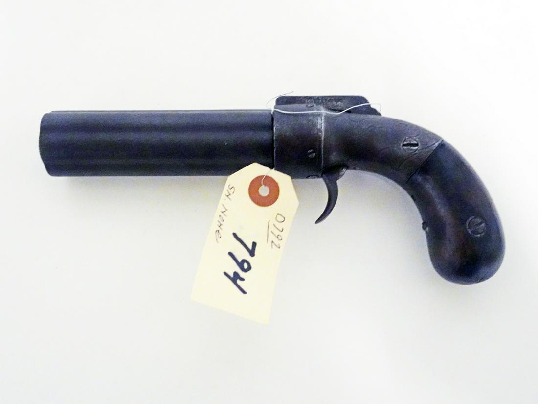 Unknown Manufactured Black Powder Revolver: Unknown manufactured black powder Pepper Box style revolver, double action, cap & ball, .32 caliber, 6 shot, no serial number, barrel length 4 1/4", overall length 8 1/4", C & R N/A, Instacheck NO
