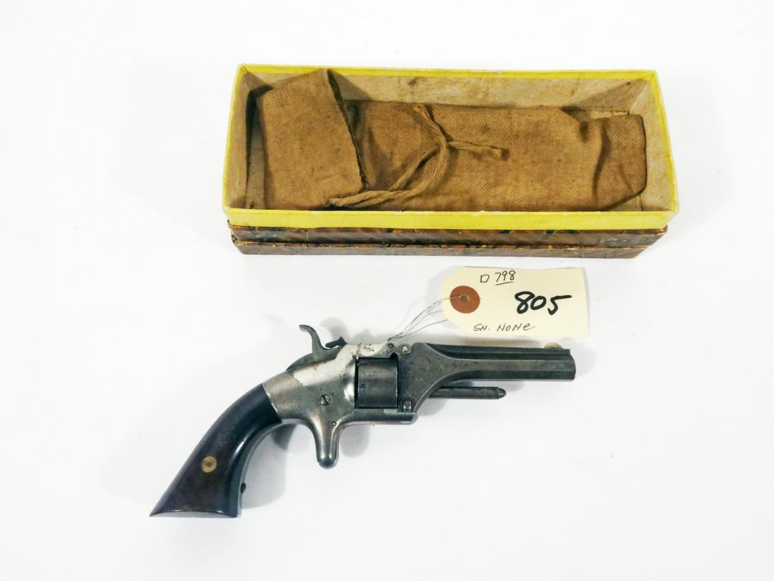 Manhattan Fire Arms Mfg. Co. Black Powder Revolver: Manhattan Fire Arms Mfg. Co. New York black powder revolver with its original box, single action, .22 caliber, 7 shot, no serial number, barrel length 3", C & R N/A, Instacheck NO