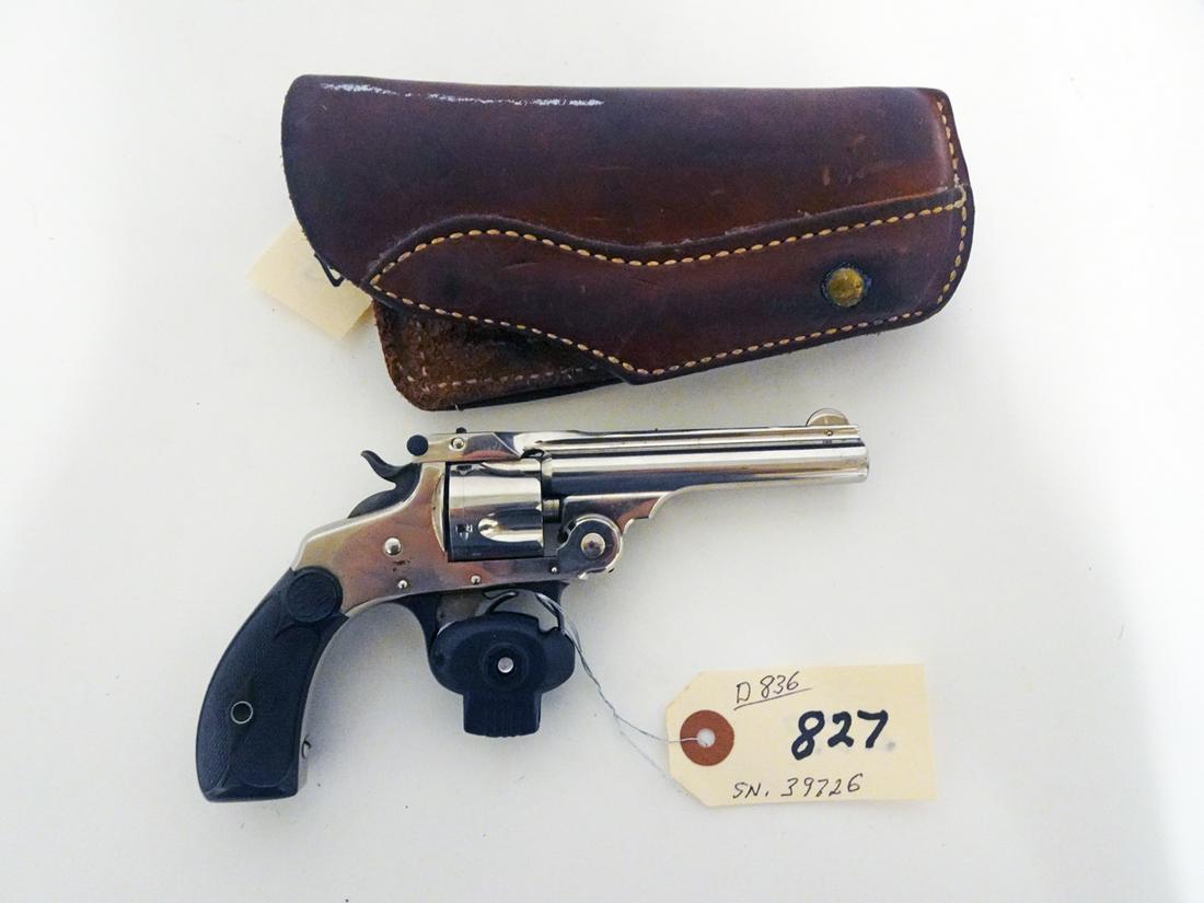 Smith & Wesson Black Powder Revolver: Smith & Wesson black powder revolver with brown leather hunter holster, patent date Jan. 3 1882, top break double action, .32 caliber, 5 shot, serial number 39726, barrel length 3 1/2", overall length