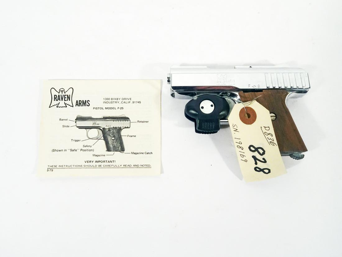 Raven Arms Model P-25 Pistol: Raven Arms model P-25 pistol with factory box, semi-automatic action, internal hammer, .25 caliber, 5 shot, magazine feed, serial number 198169, barrel length 2 1/4", overall length 4 3/4", C & R NO, 