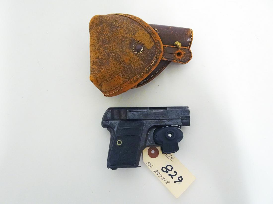 Colt 1910 Patent Date Pistol: Colt pistol, patent date Jan, 25, 1910, semi-automatic action, internal hammer, .25 caliber, 5 shot, magazine feed, serial number 242318, barrel length 2", overall length 4 3/8", C & R NO, Instacheck 