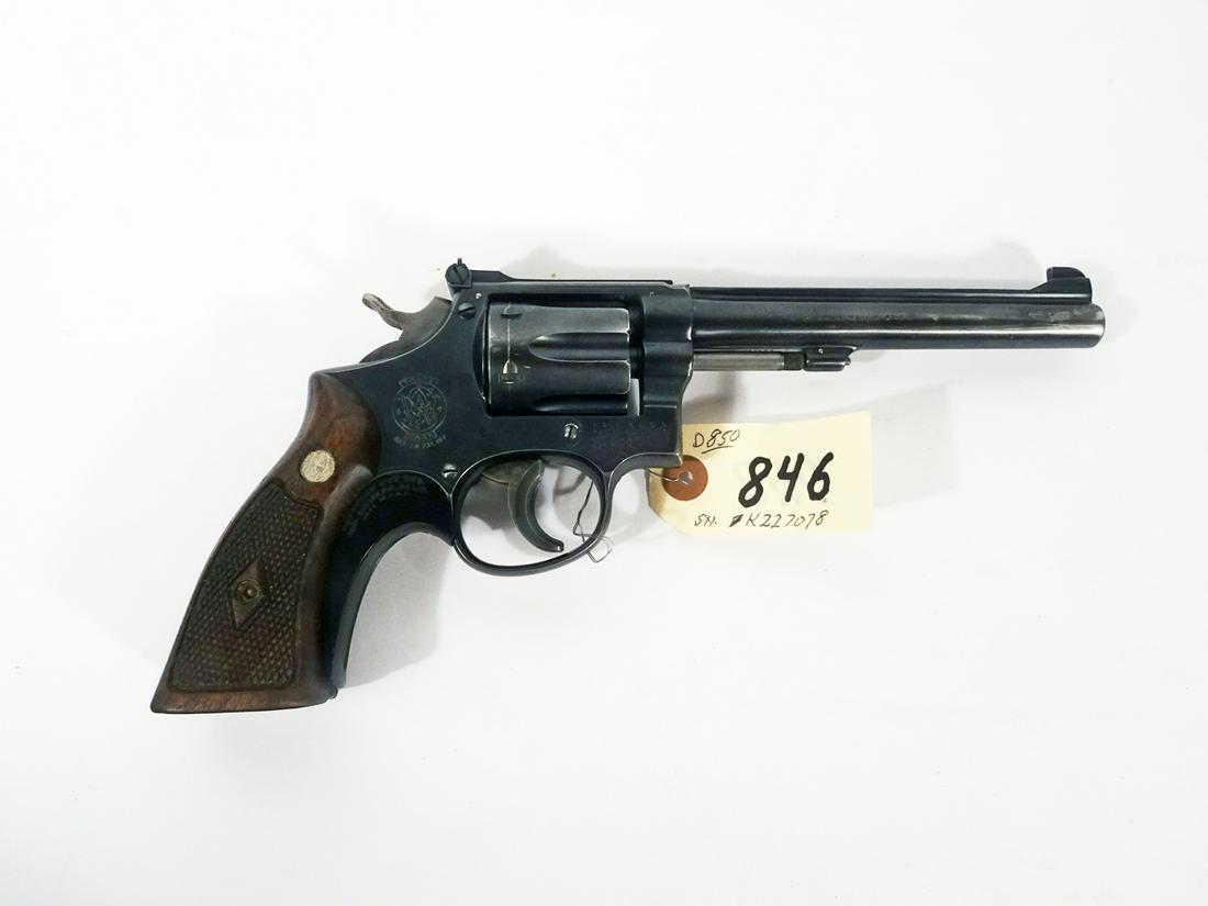 Smith & Wesson Double Action Revolver: Smith & Wesson double action revolver, .22 caliber, 6 shot, serial number K227078, barrel length 6", overall length 11", C & R NO, Instacheck YES