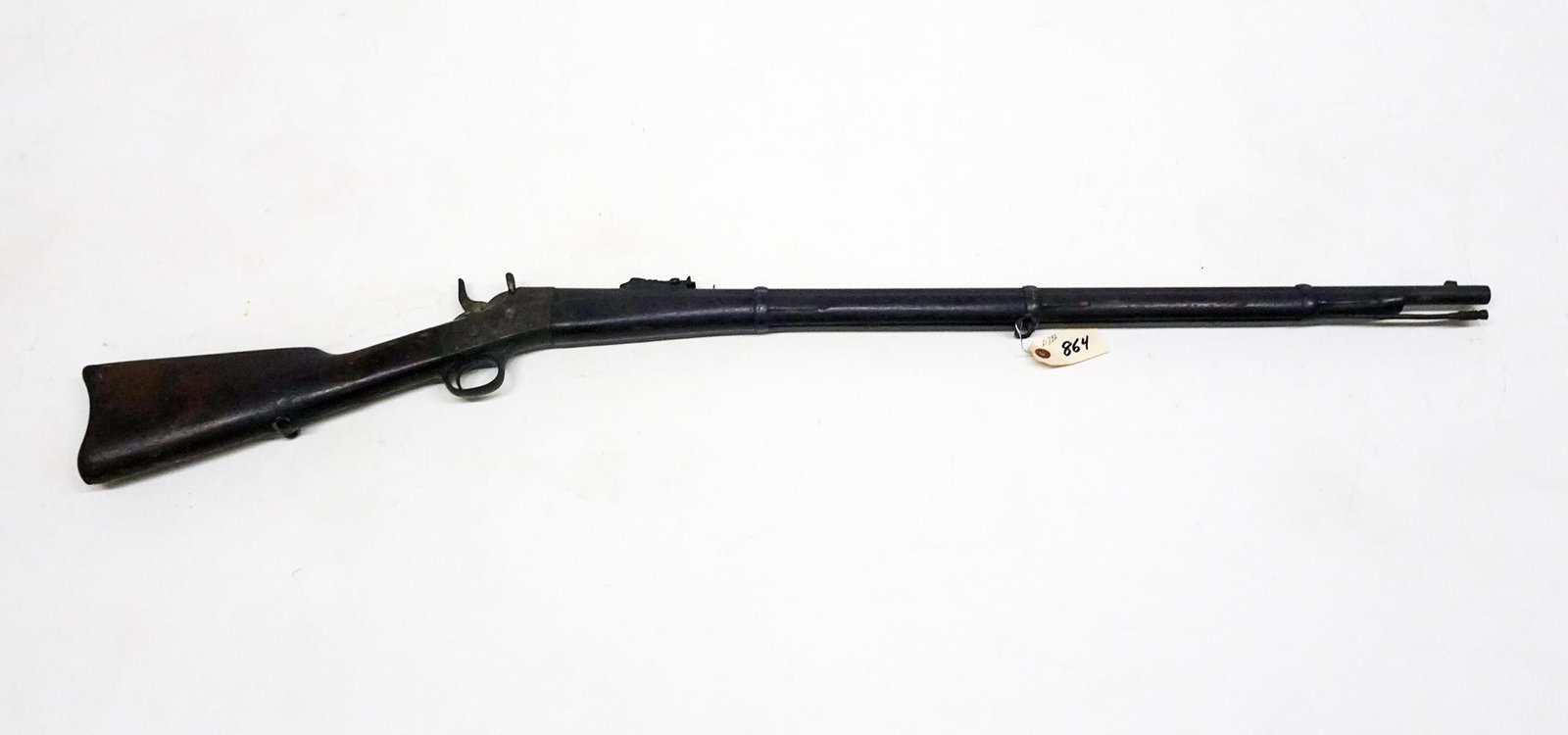 Remington 1876 Patent Date Black Powder Rifle: Remington black powder rifle with cleaning rod, patent date Sept. 1876, rolling block, 7/16" bore caliber, barrel length 34", overall length 50 1/2", C & R NO, Instacheck NO
