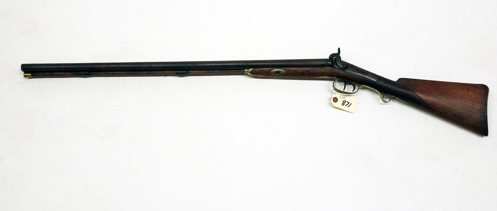 V.J. Renkin Black Powder Shotgun: V.J. Renkin black powder shotgun with brass trigger guard, cap & ball action, approx. 3/4" bore caliber, side by side barrel, barrel length 31 3/4", overall length 48 1/2", C & R NO, Instacheck NO