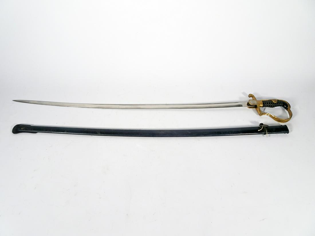 WW2 German Officer's Dress Sword: WW2 German officer's dress sword, 31 1/2" length slightly curved blade, ricasso is marked "Alcoso ACS Solingen", brass hilt with eagle and swastika, black plastic and wire wrap grip, original iron sca