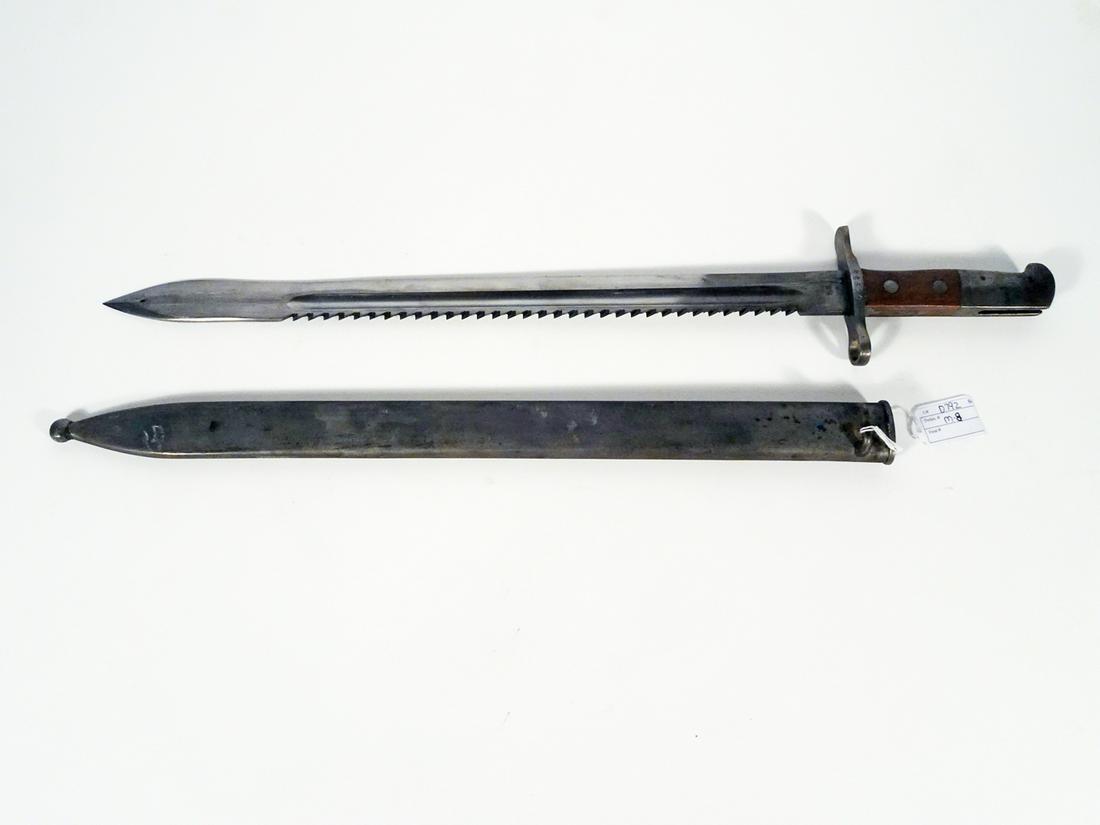 WW1 Swiss M-1914 Saw Back Pioneer Bayonet: WW1 Swiss M14 Saw Back Pioneer bayonet, 19" length straight blade with sawback edge, ricasso is marked "H.S." with a cross beneath the "S", guard is marked the serial number "62935", original iron sca