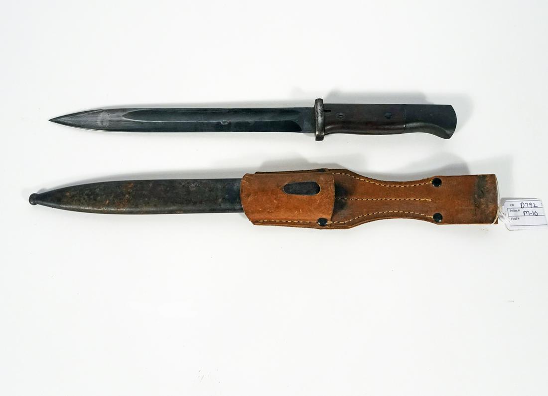 WWII German K98 Dress Bayonet: WWII German K98 dress bayonet, 10" length straight blade with fuller groove, ricasso is marked illegibly with a lower case "a" and "281" , the obverse is marked ""43" with illegible numbers after, woo