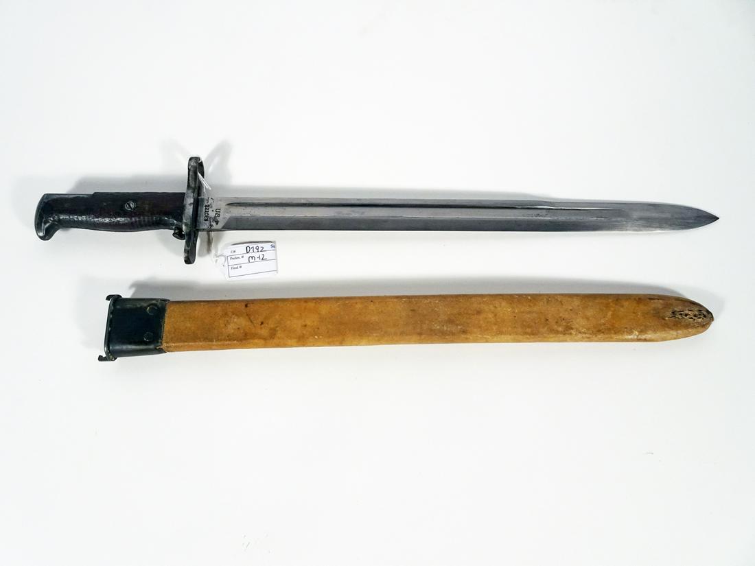 WW1 U.S. M1905 Bayonet: WW1 U.S. M1905 bayonet, 16" length straight blade with fuller groove, ricasso is marked "US 121069", the obverse is marked "SA 1906", wood handle, original iron and leather covered scabbard, 21 1/2" o