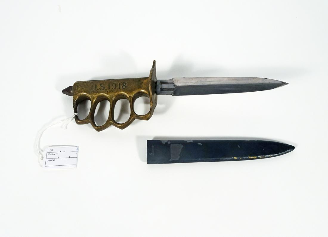 WW1 U.S. Army M1918 Knuckle Knife: WW1 U.S. Army M1918 brass knuckle knife, French made, 6 1/2"length straight blade, ricasso is marked "Au Lion" with a reposed lion above, brass knuckle from handle marked "U.S. 1918", original painted