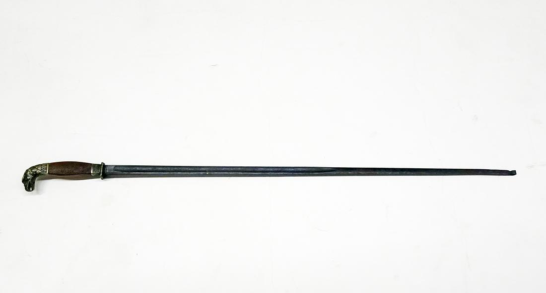 Unmarked German Rapier Sword: Unmarked German rapier sword brass eagle hilt with brass guard and bakelite/catalin mount, 28 1/2" straight blade with fuller groove, tip of blade appears to have been folded in by the manufacturer, 3