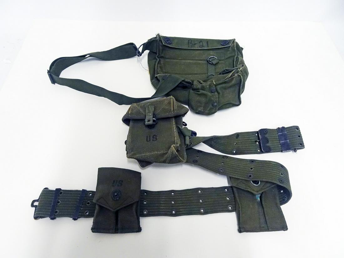 WWII/Vietnam U.S Army Canvas Lot: WWII M17A1 training Field Protective Mask bag and Vietnam era M1956 belt with 3 attached ammo packs