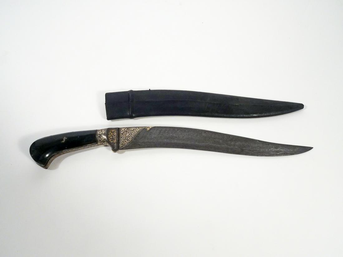 Vintage Middle Eastern Knife: Vintage Middle Eastern knife with Damascus blade, silver niello fittings, wooden handle, with wood and leather scabbard, very ornate, blade length 11 5/8", overall length 17 1/4