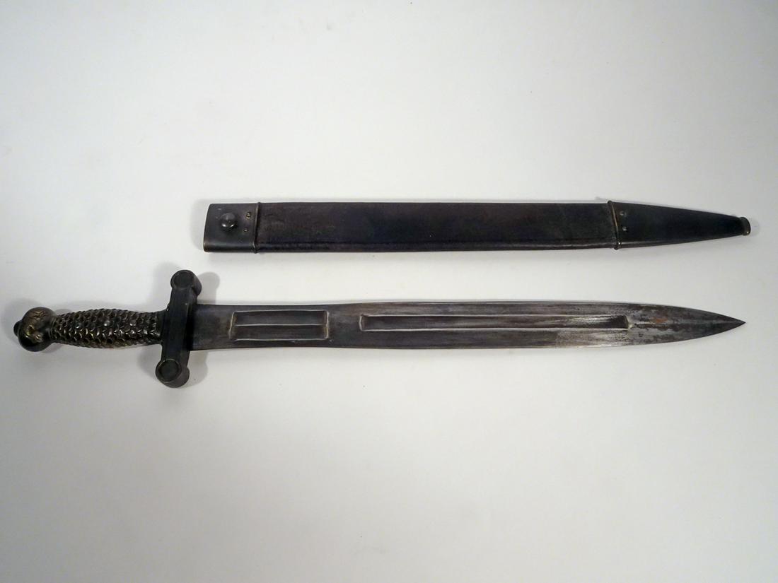 U.S. M1832 Confederate Short Sword: U.S. M1832 Confederate short sword in scabbard, leather and brass scabbard, eagle with shield and arrows on pommel, double fuller above single fuller on blade, unmarked, heavy but possibly a copy/repr