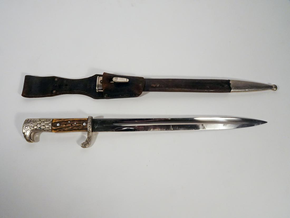 Eickhorn Solingen Dagger with Leather Sheath: Eickhorn Solingen dagger with leather sheath, stag handle, chrome eagle pommel, blade 13" (length), overall 17 1/2" (length)