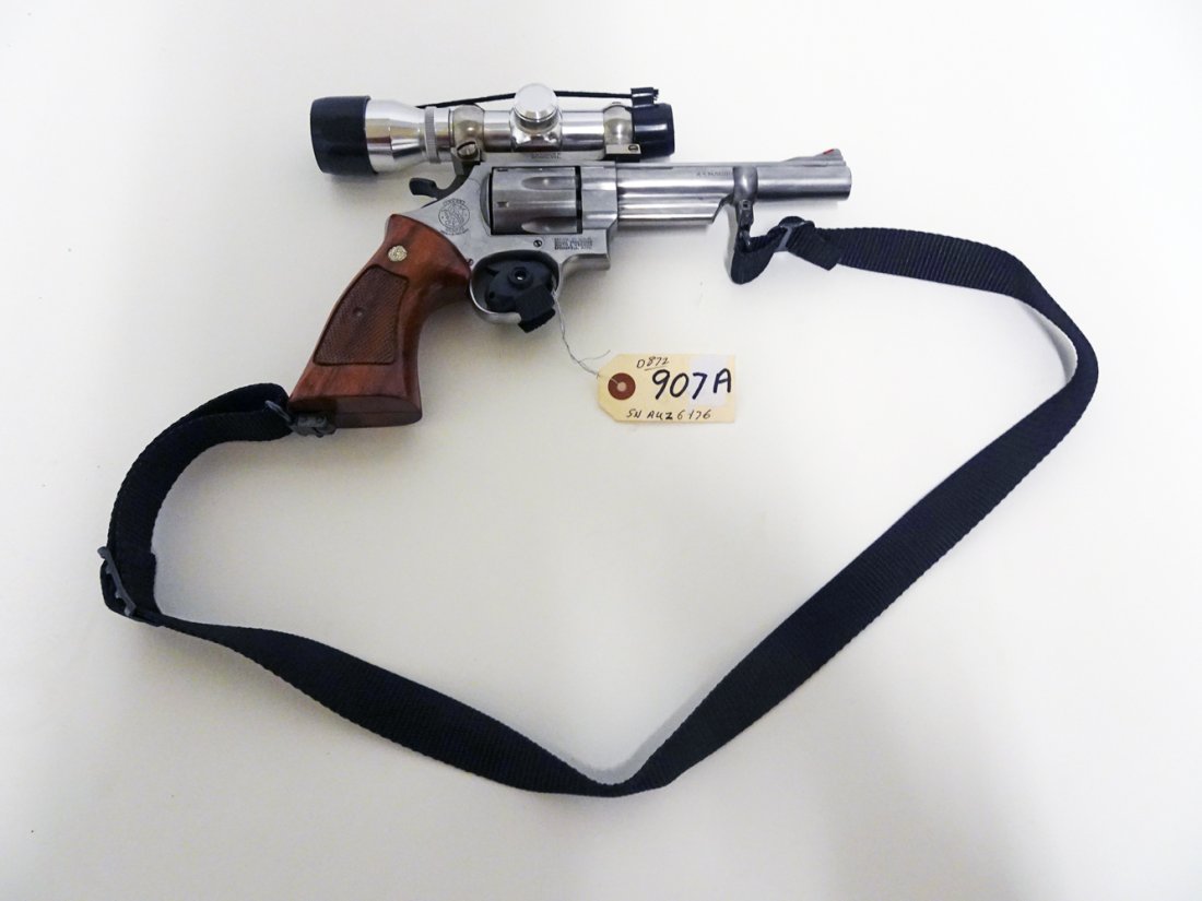 Smith & Wesson Model 629-1 Revolver: Smith & Wesson model 629-1 revolver with vented barrel, nylon sling and Simmon 2x scope, double action, .44 mag caliber, 6 shot, Serial number AUZ6476, barrel length 6", overall length 11 1/4", C & R