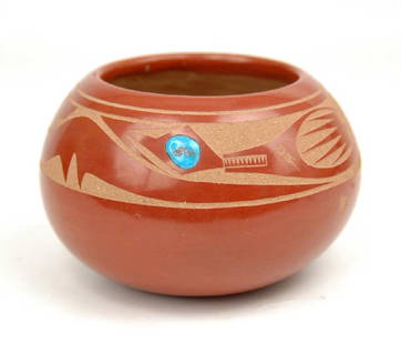 Native American Santa Clara carved and polished red: Native American Santa Clara carved and polished redware bowl, inlaid turquoise on banding, bear paw signature on side, initialed on bottom, 2 3/4" high x 4 1/2" diameter, mid 20th C.