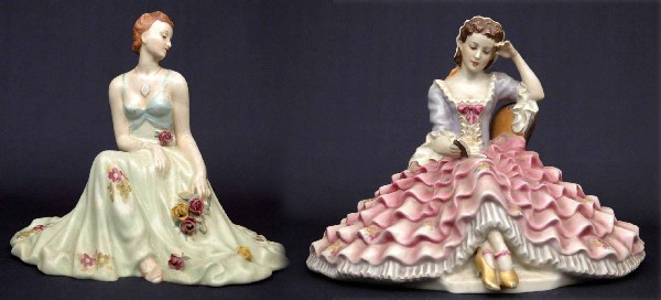 Two Royal Dux porcelain figurines, each of seated w: Two Royal Dux porcelain figurines, each of seated woman, marked Royal Dux Czechoslovakia, The Taube Company. Inc, Hand Painted, and impressed numbers on bottom, 10"and 8 1/2", early 20th C.
